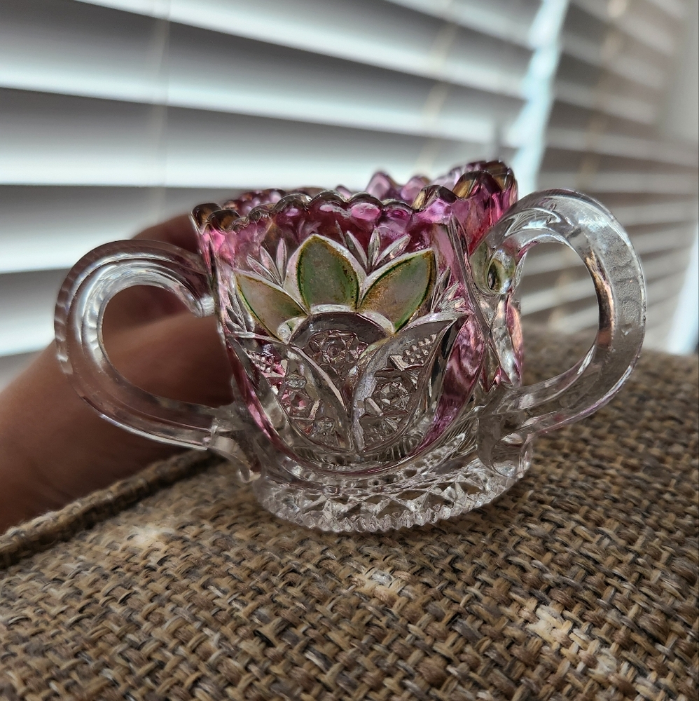 Vintage U.S. Glass Sugar Bowl/Tootbpick Holder with Pink and Green Accents
